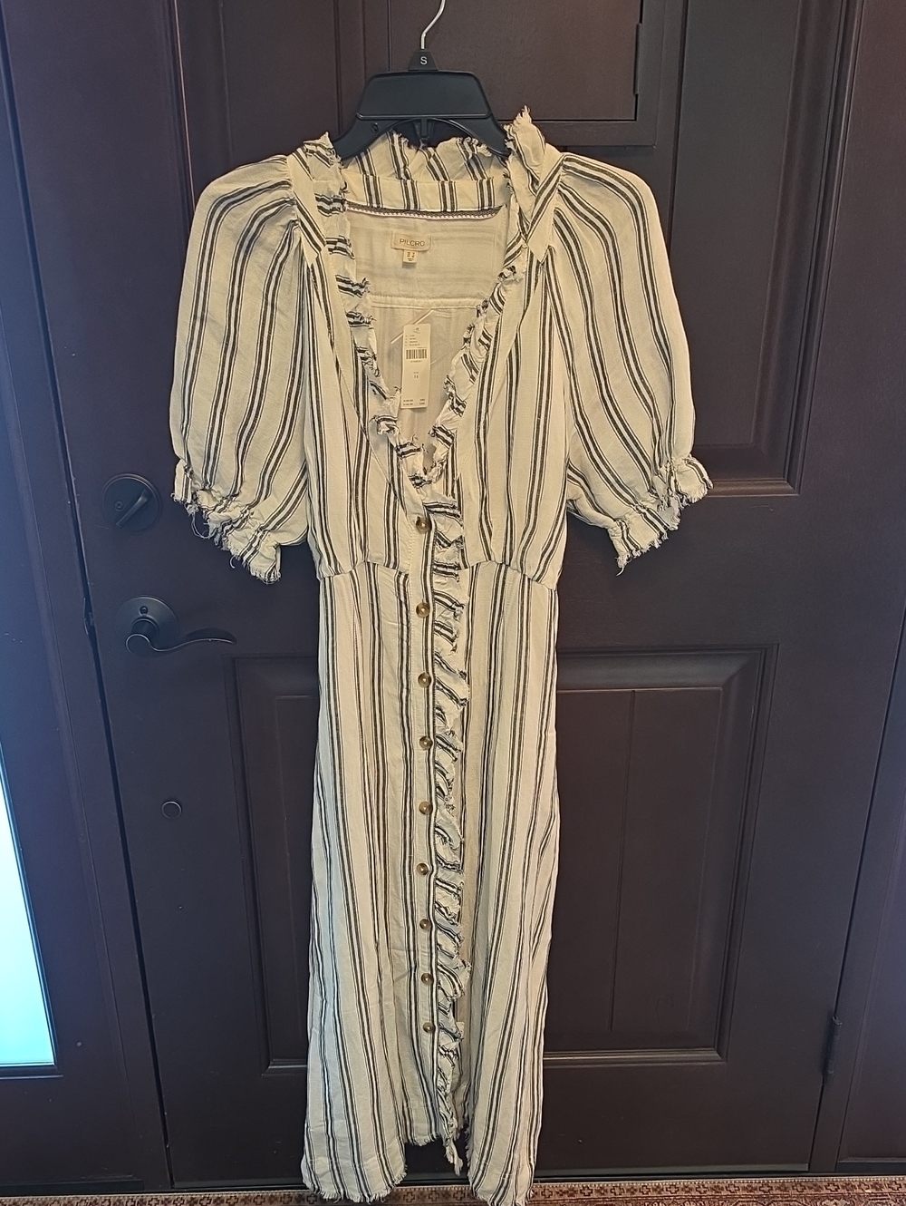 Pilcro Cream and Black Striped Ruffle-Trim Midi Dress